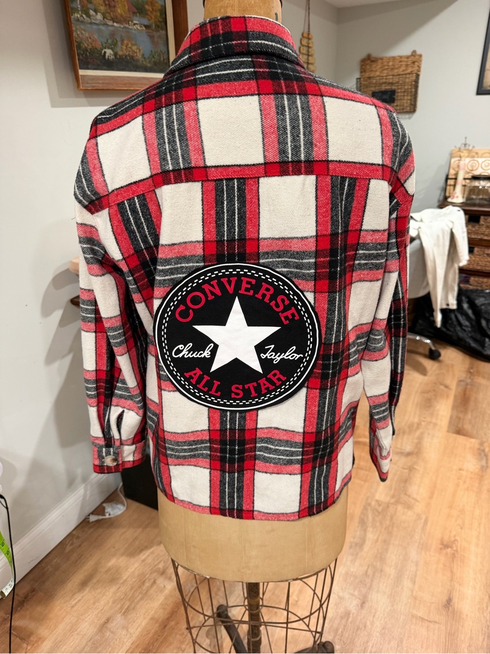 Kendall & Kylie Red, Black & White Plaid Jean Jacket